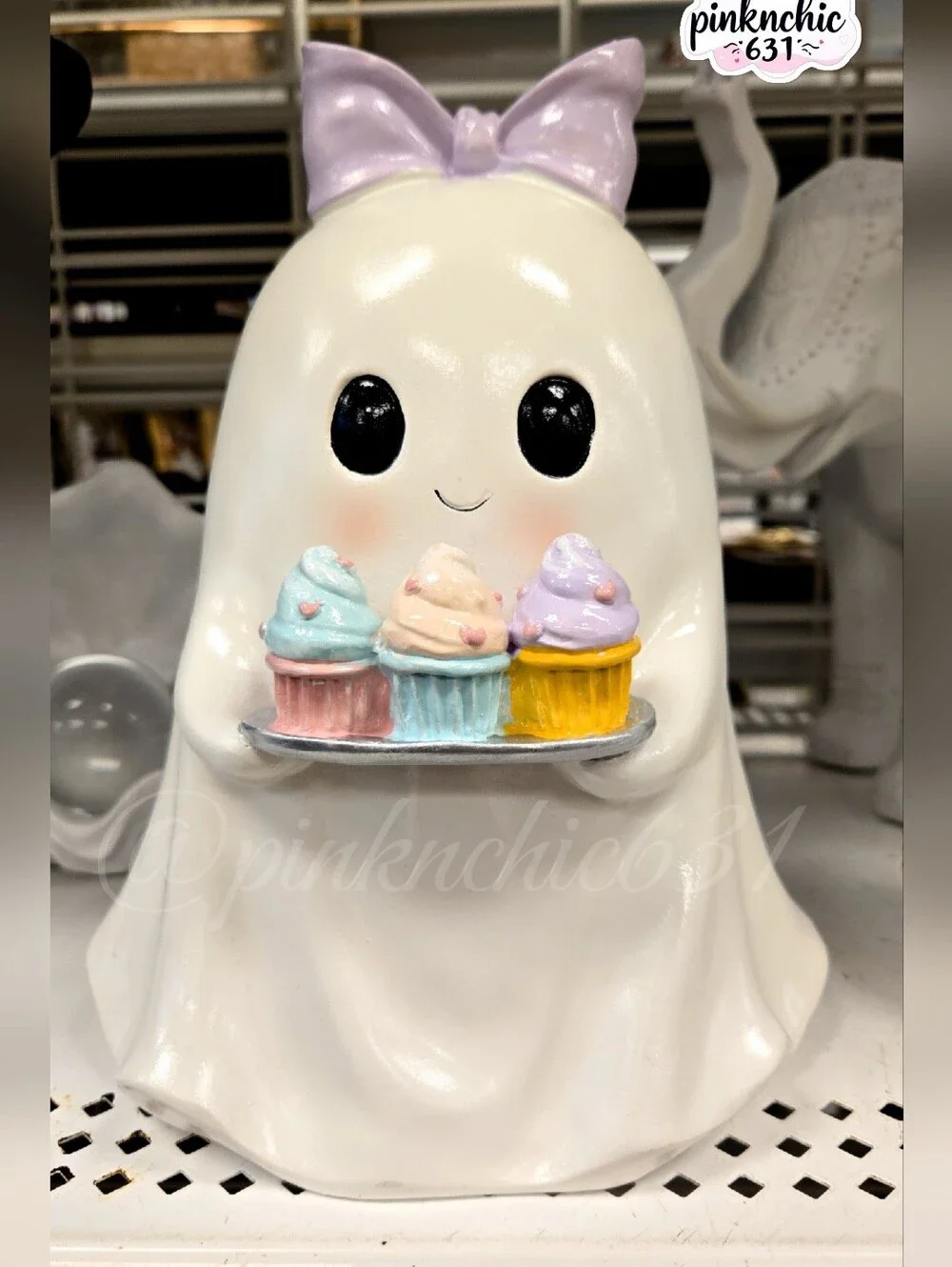 Ghost Holding Cupcakes Statue Halloween Decor Purple Coquette Bow